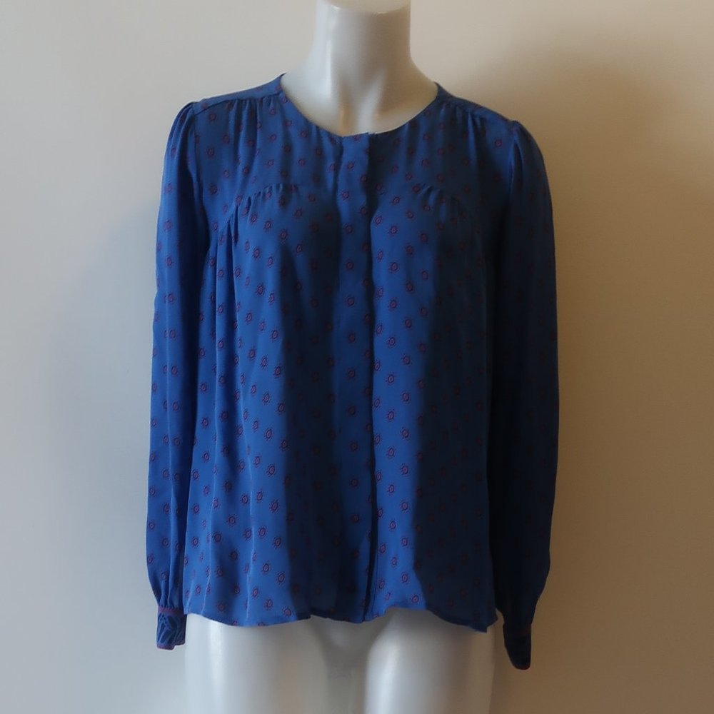 Intropia 100% Silk Blue, Red Print Blouse Sz 36/XS